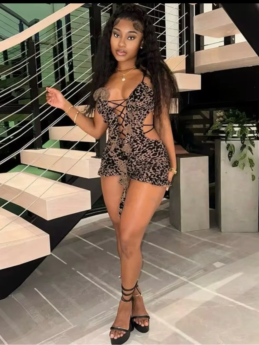 Leopard Lace-Up Mini Dress Romper - Brown/Black - Picture 1 of 4